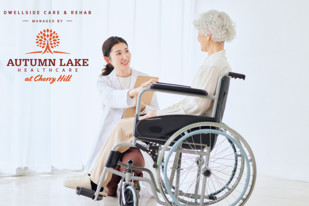 A nurse caring for an elderly woman in a wheelchair, with a facility logo in the background.